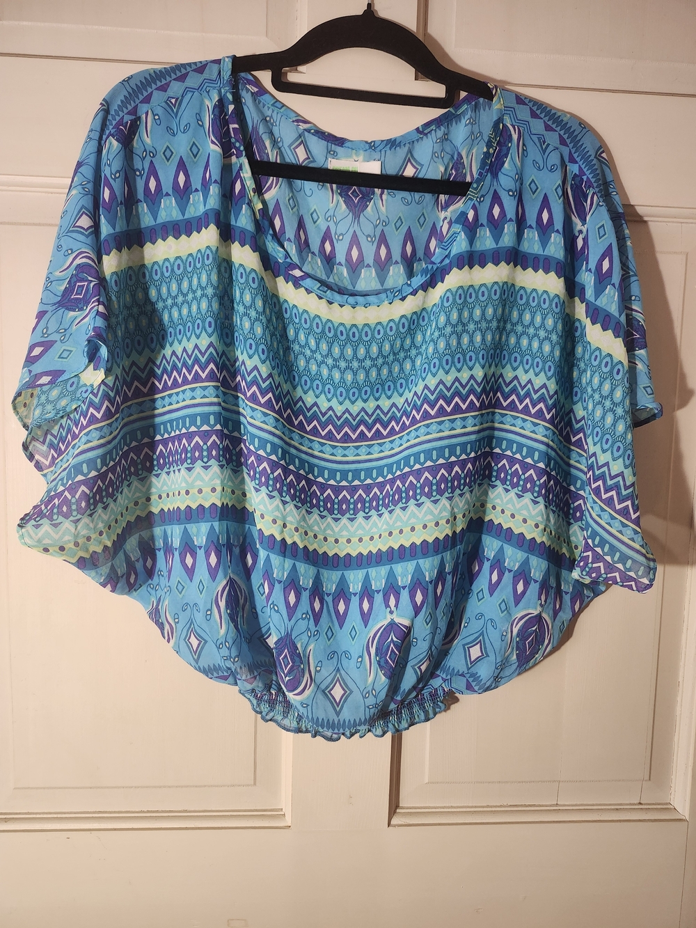 Selena Gomez Blue and Purple Patterned Shirred Waist Top